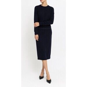Brunello Cucinelli Navy Blue Stretch Virgin Wool Sheath Dress Long Sleeve Size S